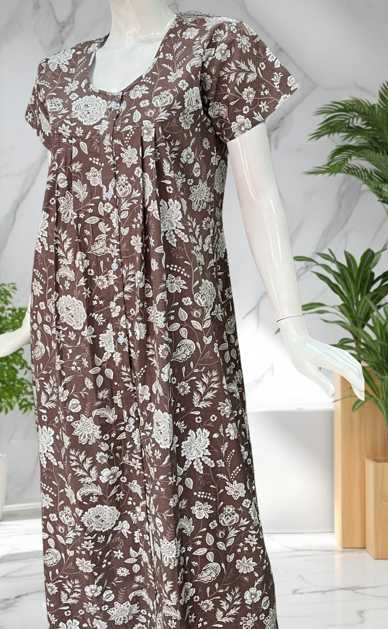 Brown Garden Full Open Pure Cotton Nighty. Pure Cotton | Laces and Frills