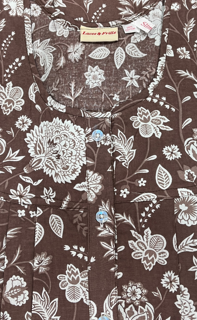 Brown Garden Full Open Pure Cotton Nighty. Pure Cotton | Laces and Frills