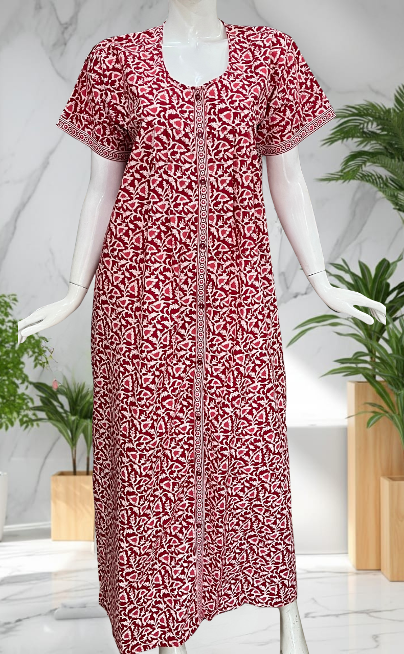 Red Floral Full Open Pure Cotton Nighty. Pure Cotton | Laces and Frills
