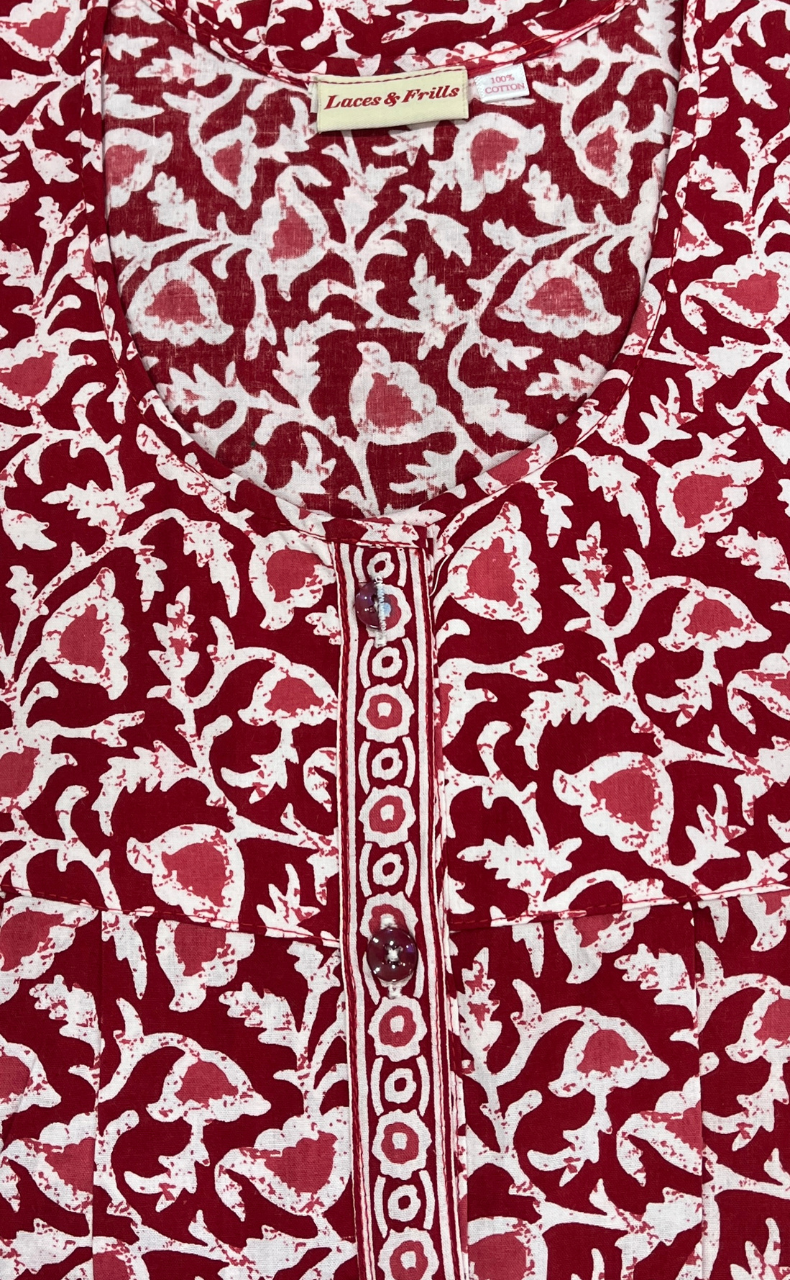 Red Floral Full Open Pure Cotton Nighty. Pure Cotton | Laces and Frills