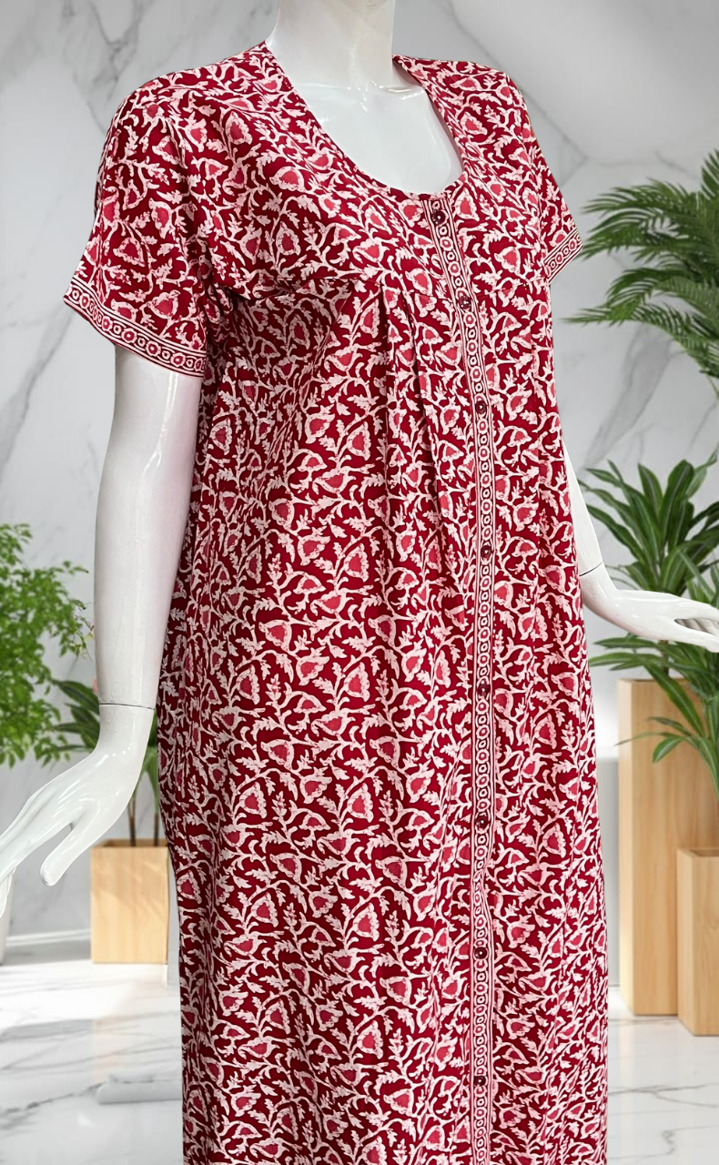 Red Floral Full Open Pure Cotton Nighty. Pure Cotton | Laces and Frills