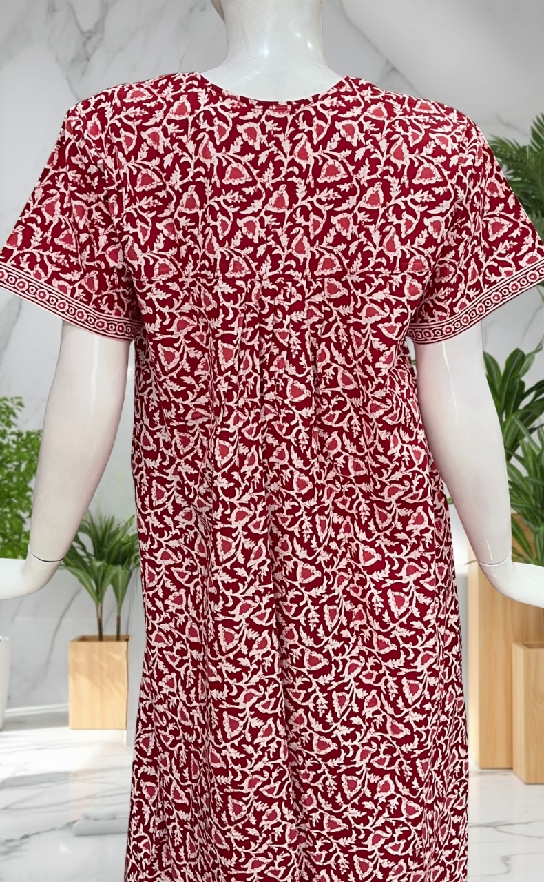 Red Floral Full Open Pure Cotton Nighty. Pure Cotton | Laces and Frills