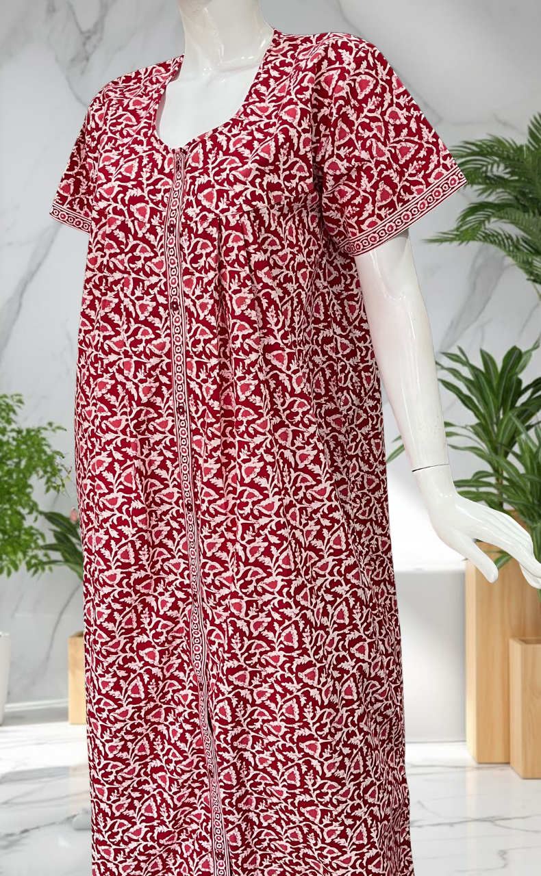 Red Floral Full Open Pure Cotton Nighty. Pure Cotton | Laces and Frills