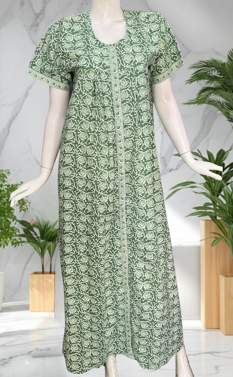 Light Green Garden Full Open Pure Cotton Nighty. Pure Cotton | Laces and Frills