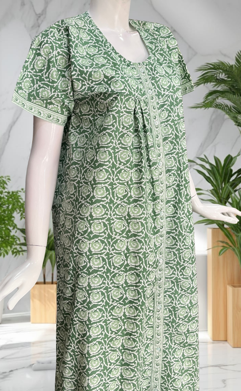 Light Green Garden Full Open Pure Cotton Nighty. Pure Cotton | Laces and Frills
