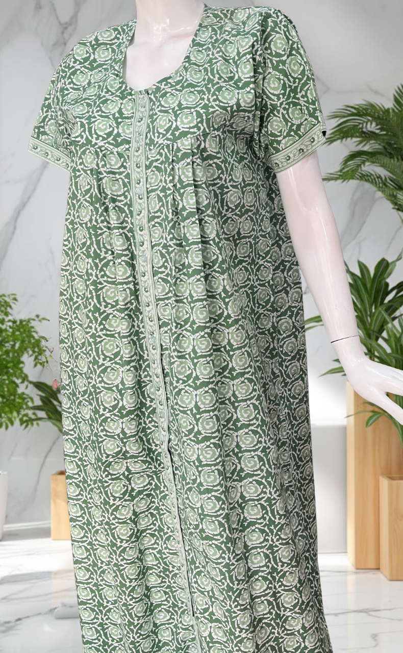 Light Green Garden Full Open Pure Cotton Nighty. Pure Cotton | Laces and Frills