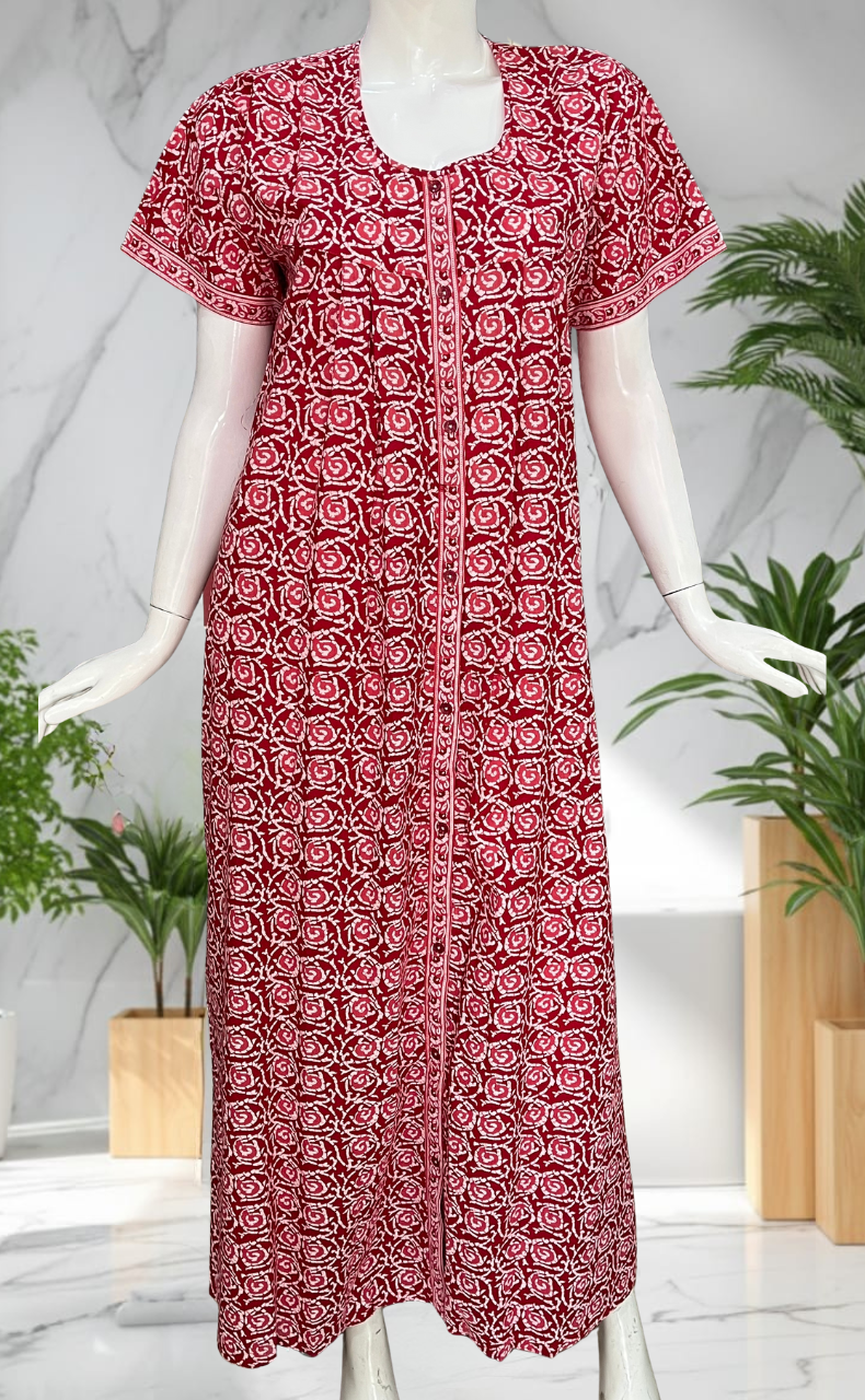 Red Garden Full Open Pure Cotton Nighty. Pure Cotton | Laces and Frills
