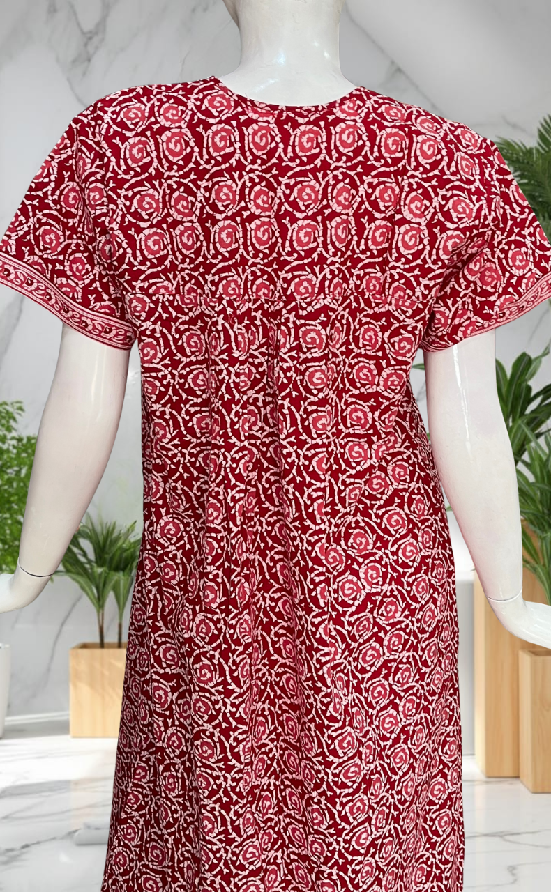 Red Garden Full Open Pure Cotton Nighty. Pure Cotton | Laces and Frills