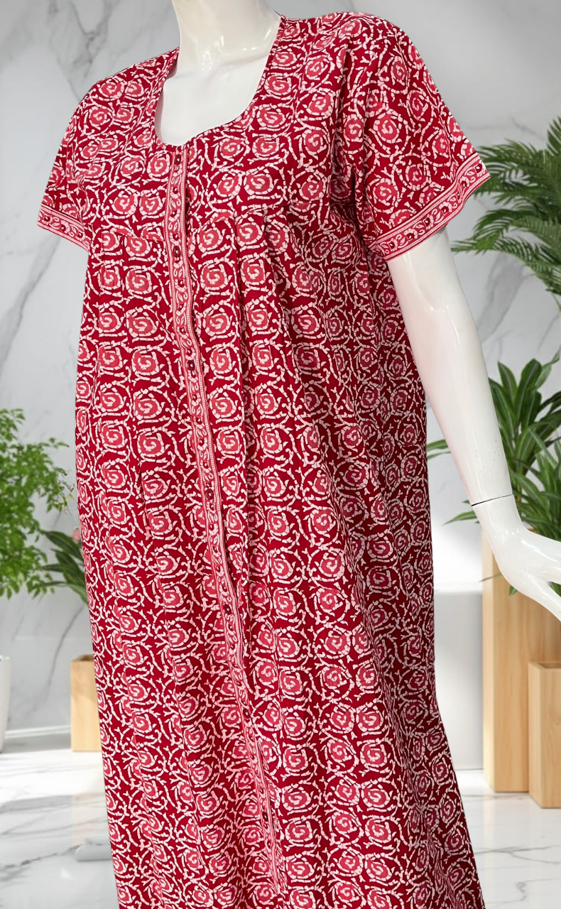 Red Garden Full Open Pure Cotton Nighty. Pure Cotton | Laces and Frills