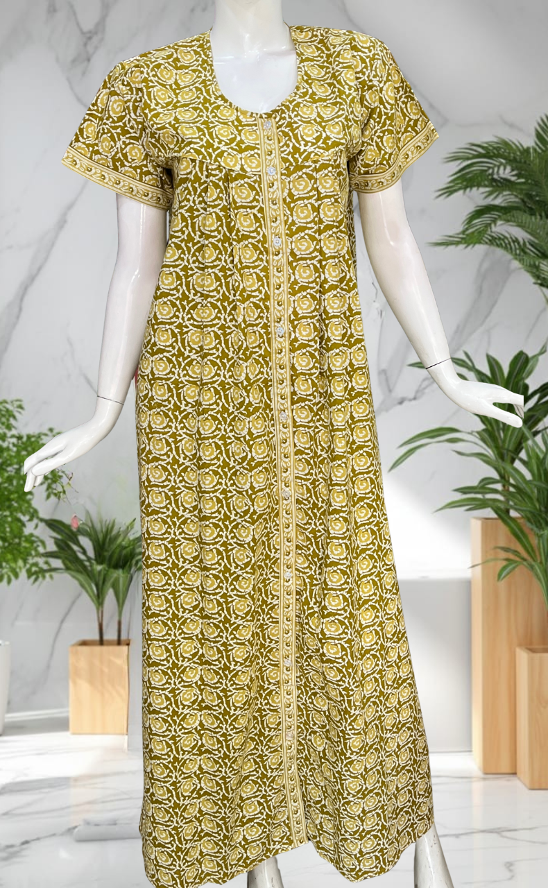 Lime Green Garden Full Open Pure Cotton Nighty. Pure Cotton | Laces and Frills