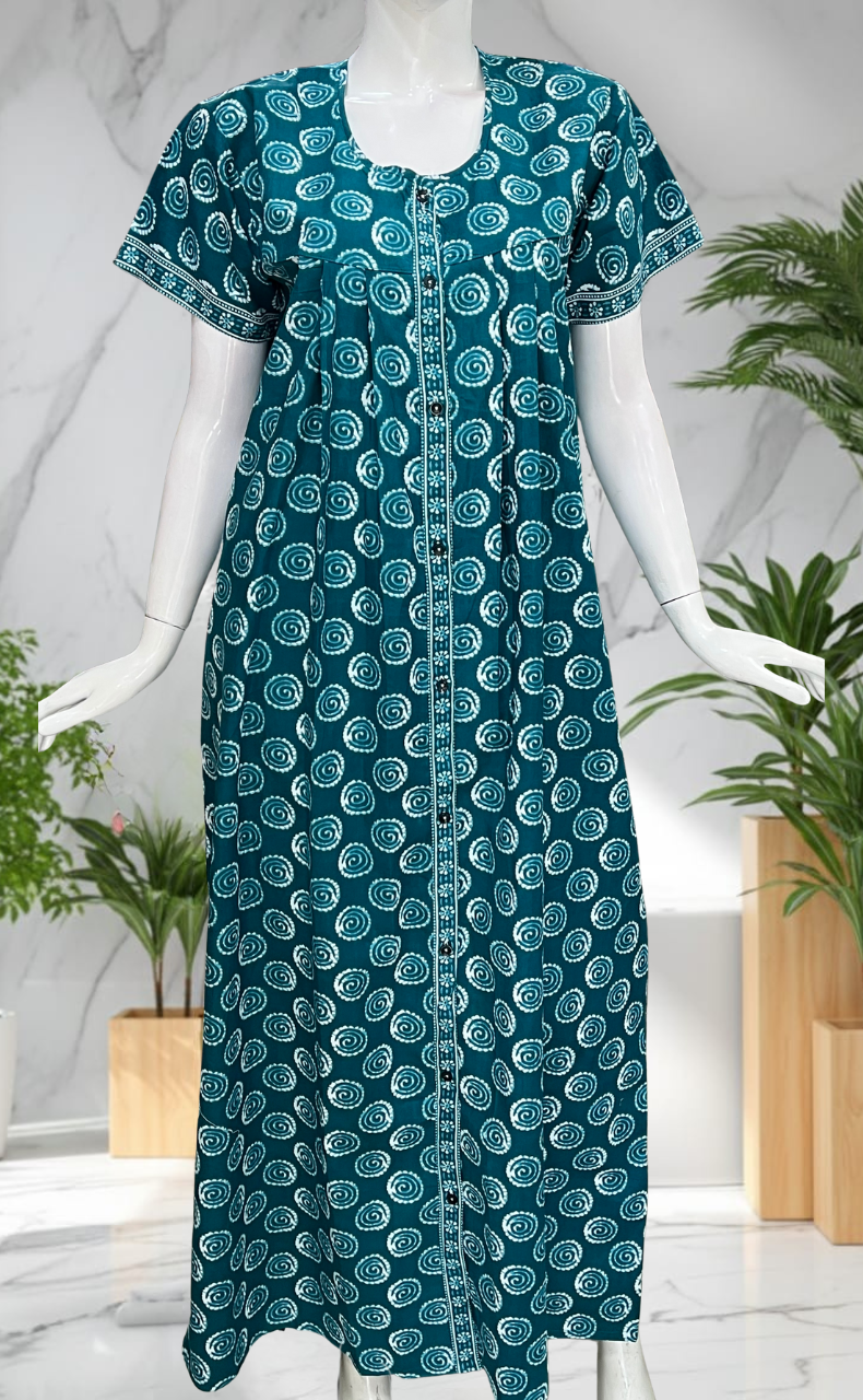 Sea Green Abstract Full Open Pure Cotton Nighty. Pure Cotton | Laces and Frills