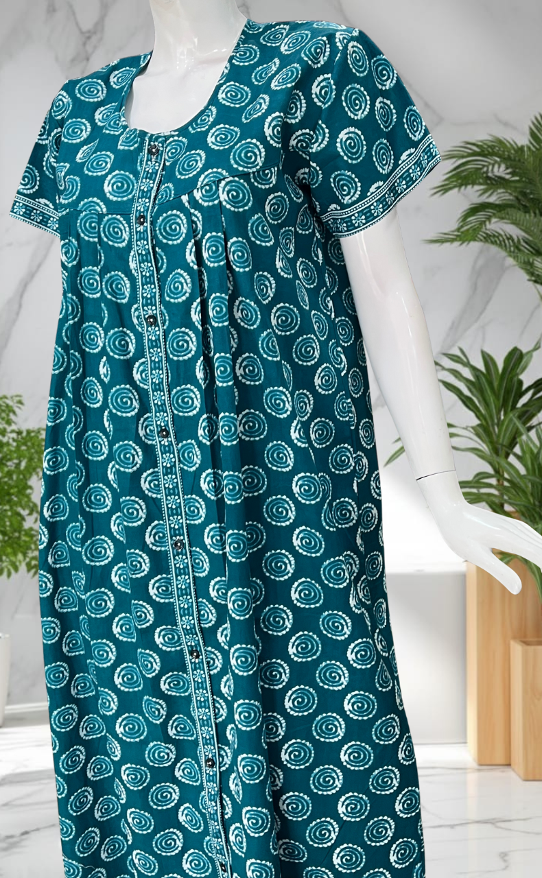 Sea Green Abstract Full Open Pure Cotton Nighty. Pure Cotton | Laces and Frills