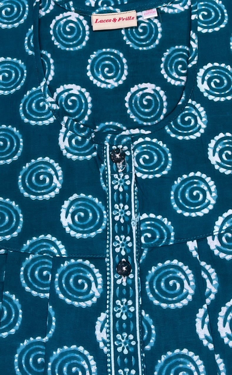 Sea Green Abstract Full Open Pure Cotton Nighty. Pure Cotton | Laces and Frills