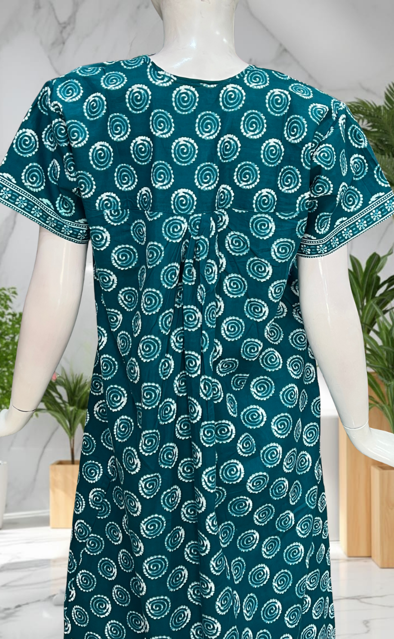 Sea Green Abstract Full Open Pure Cotton Nighty. Pure Cotton | Laces and Frills