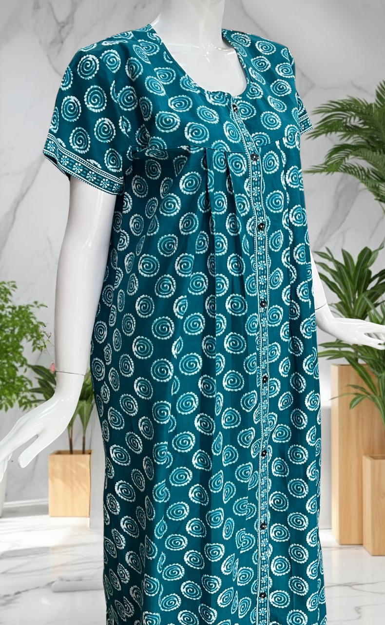 Sea Green Abstract Full Open Pure Cotton Nighty. Pure Cotton | Laces and Frills
