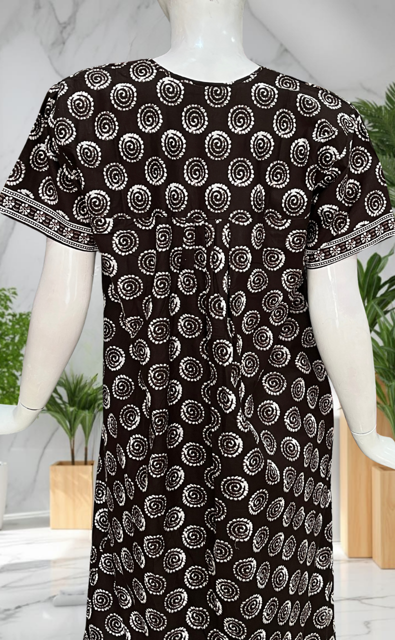 Brown Abstract Full Open Pure Cotton Nighty. Pure Cotton | Laces and Frills