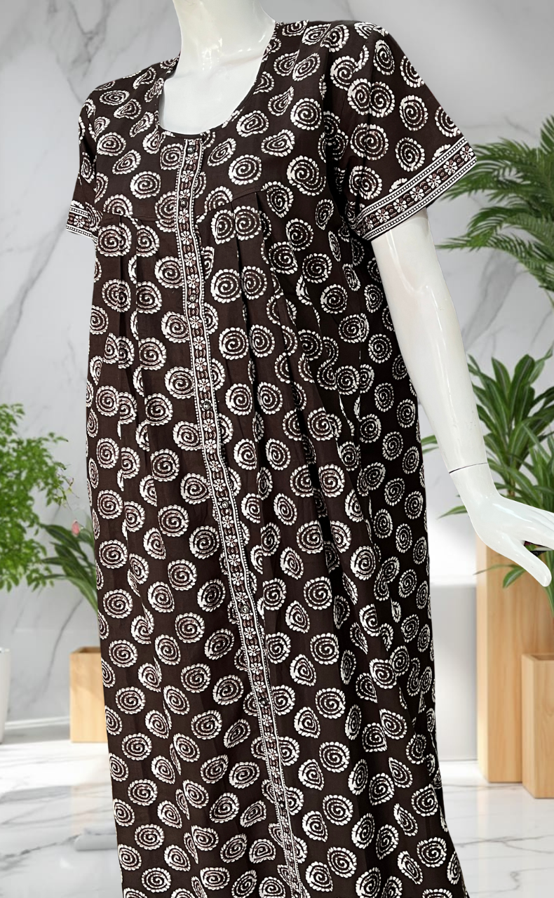 Brown Abstract Full Open Pure Cotton Nighty. Pure Cotton | Laces and Frills