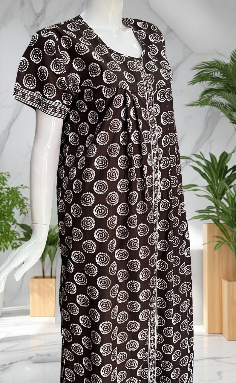 Brown Abstract Full Open Pure Cotton Nighty. Pure Cotton | Laces and Frills
