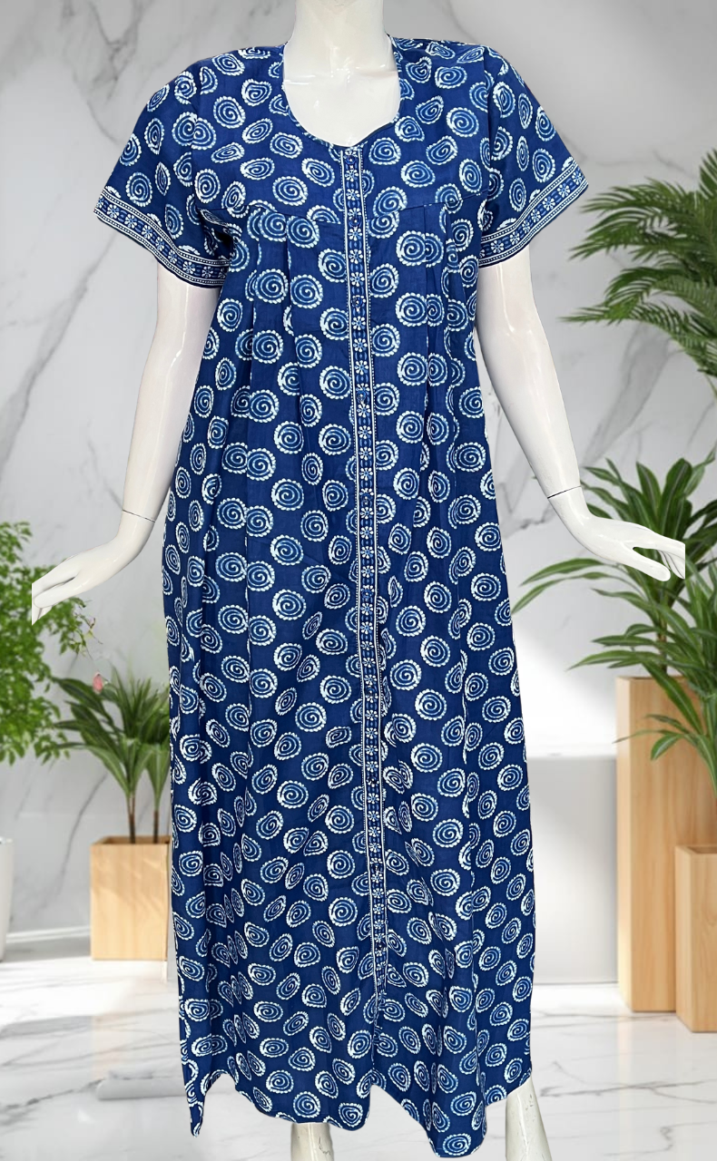 Blue Abstract Full Open Pure Cotton Nighty. Pure Cotton | Laces and Frills