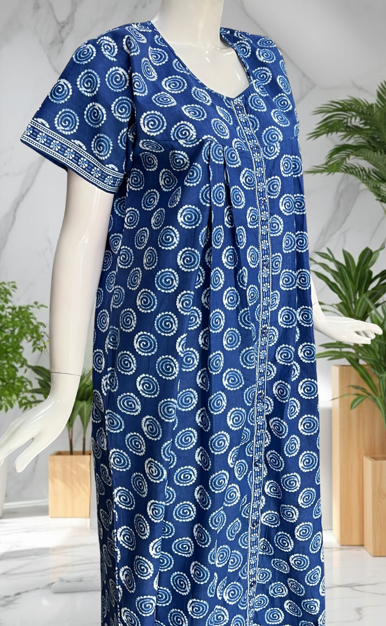 Blue Abstract Full Open Pure Cotton Nighty. Pure Cotton | Laces and Frills
