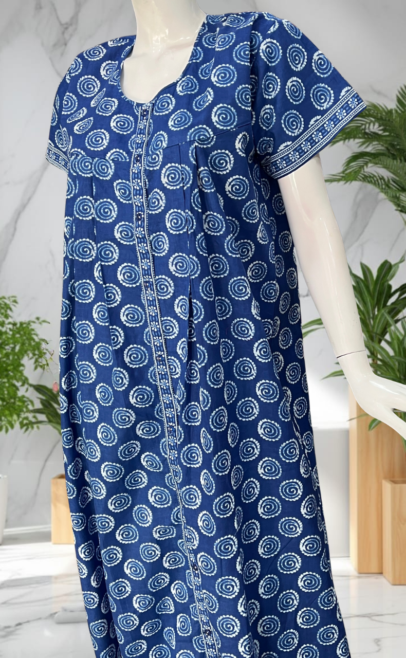 Blue Abstract Full Open Pure Cotton Nighty. Pure Cotton | Laces and Frills