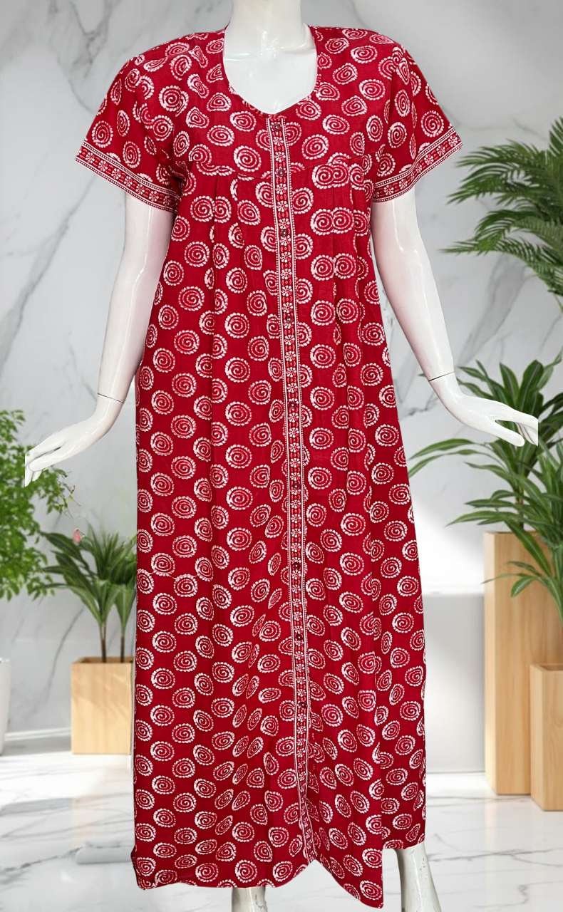 Red Abstract Full Open Pure Cotton Nighty. Pure Cotton | Laces and Frills