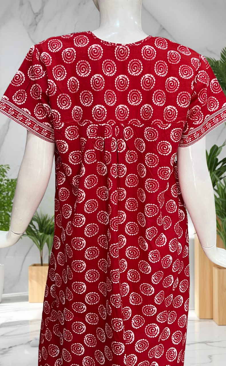 Red Abstract Full Open Pure Cotton Nighty. Pure Cotton | Laces and Frills