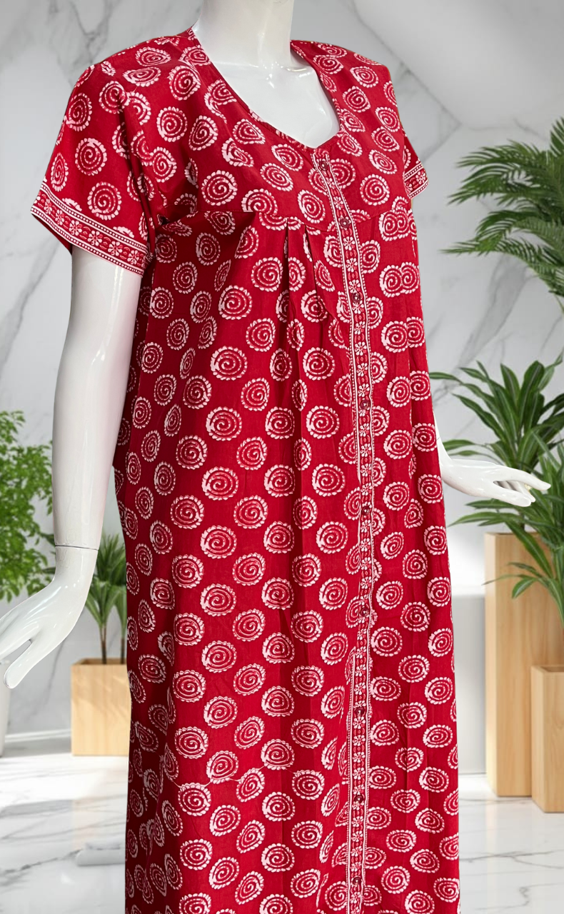 Red Abstract Full Open Pure Cotton Nighty. Pure Cotton | Laces and Frills
