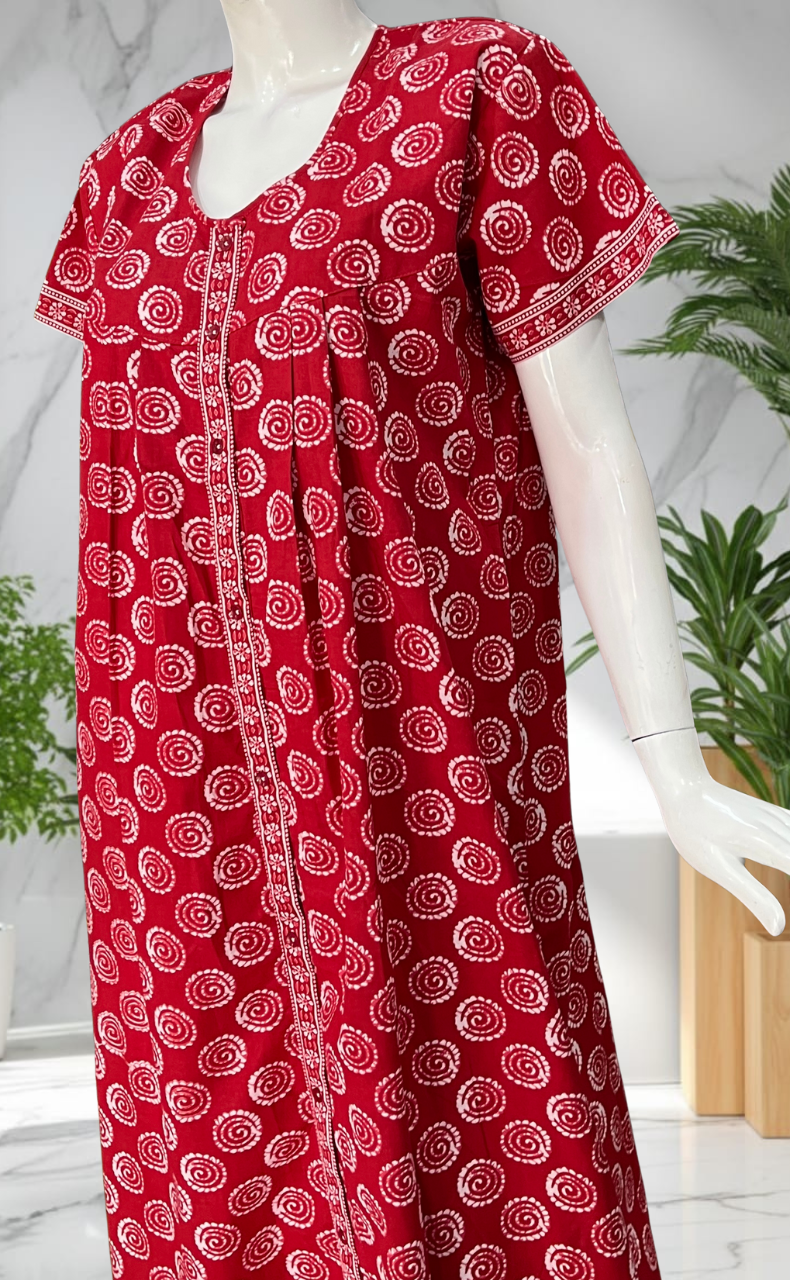 Red Abstract Full Open Pure Cotton Nighty. Pure Cotton | Laces and Frills
