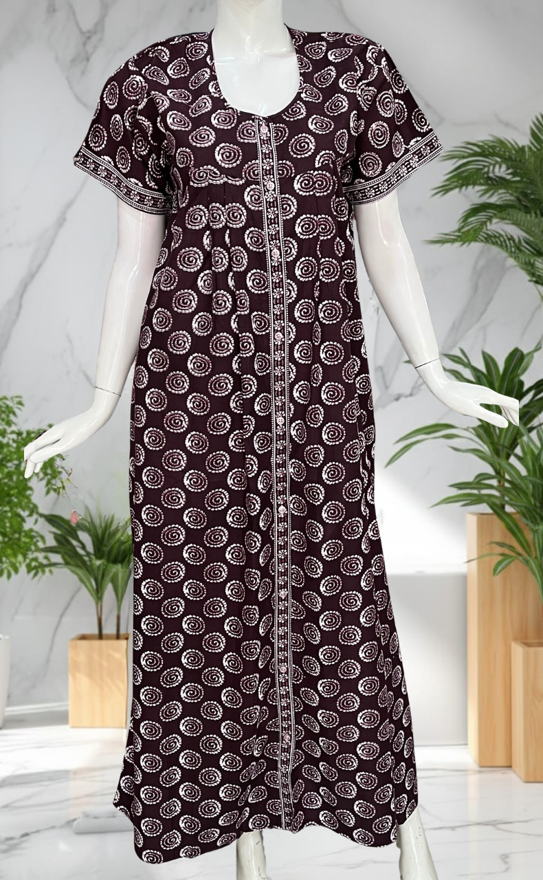 Wine Colour Abstract Full Open Pure Cotton Nighty. Pure Cotton | Laces and Frills