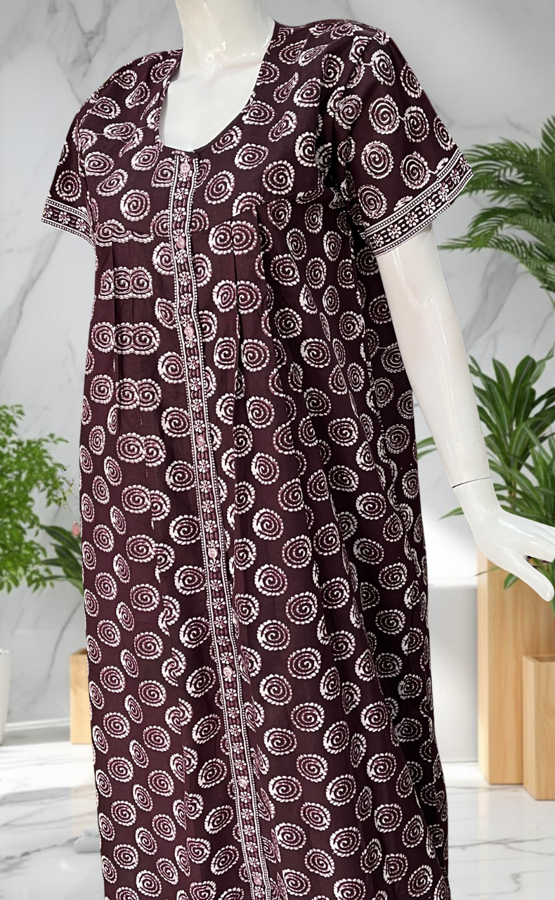 Wine Colour Abstract Full Open Pure Cotton Nighty. Pure Cotton | Laces and Frills