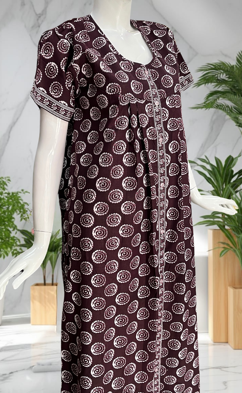 Wine Colour Abstract Full Open Pure Cotton Nighty. Pure Cotton | Laces and Frills