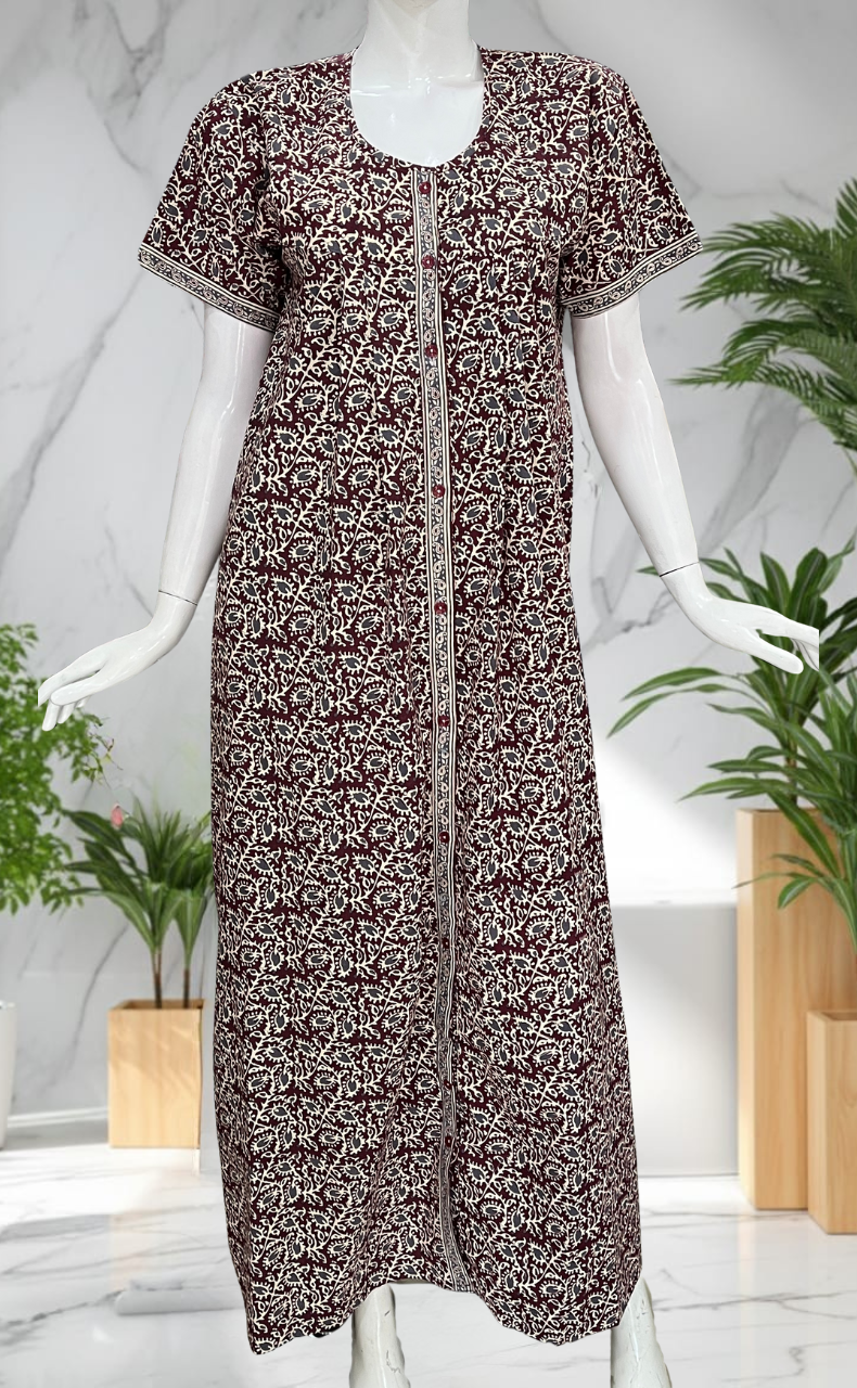 Maroon Garden Full Open Pure Cotton Nighty. Pure Cotton | Laces and Frills