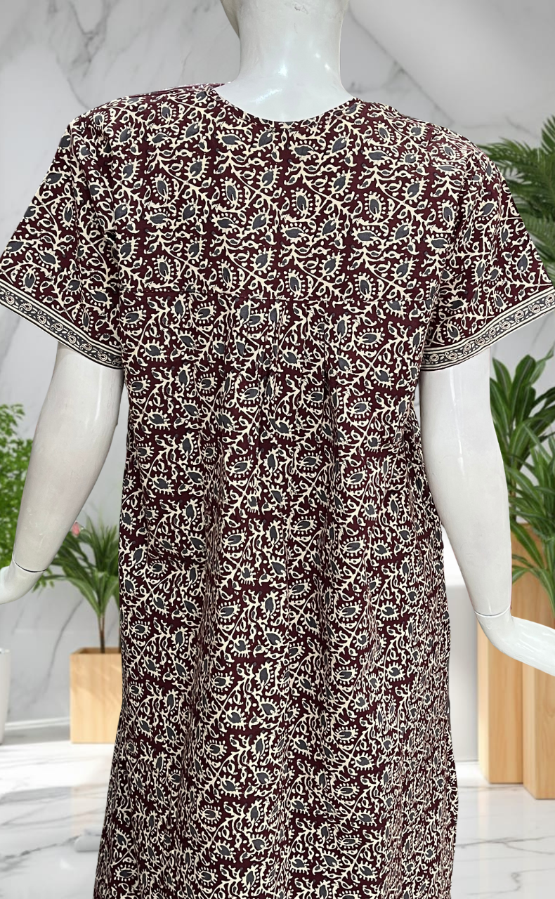 Maroon Garden Full Open Pure Cotton Nighty. Pure Cotton | Laces and Frills