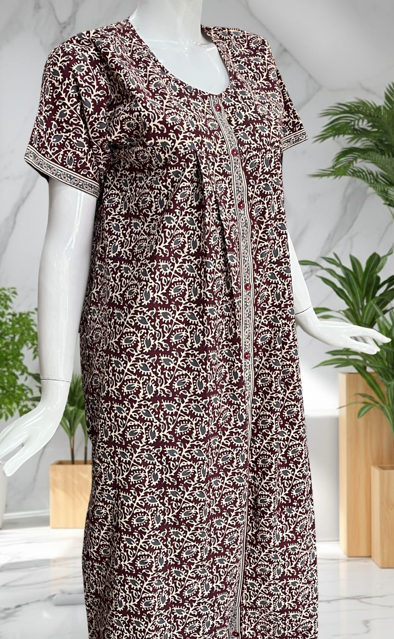 Maroon Garden Full Open Pure Cotton Nighty. Pure Cotton | Laces and Frills