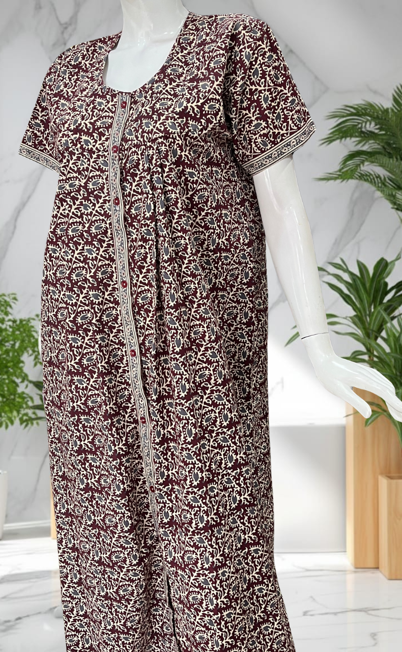 Maroon Garden Full Open Pure Cotton Nighty. Pure Cotton | Laces and Frills
