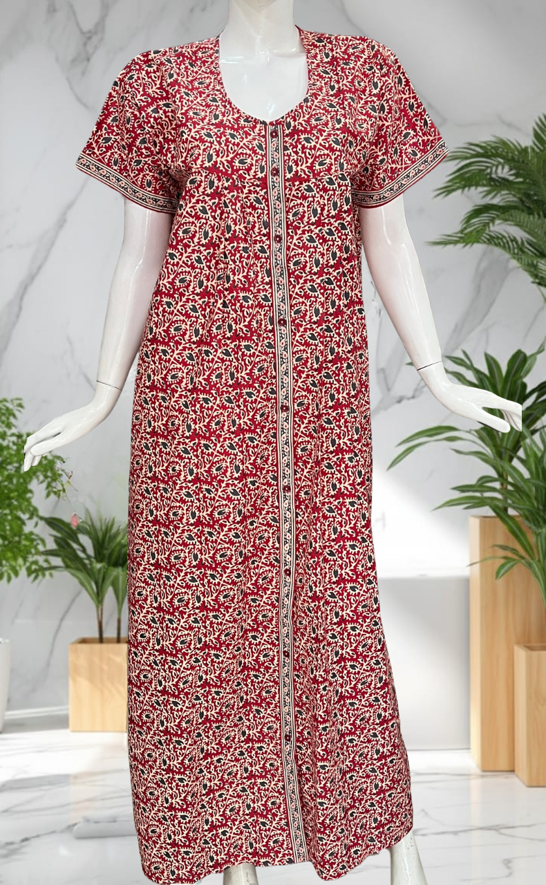 Red Garden Full Open Pure Cotton Nighty. Pure Cotton | Laces and Frills