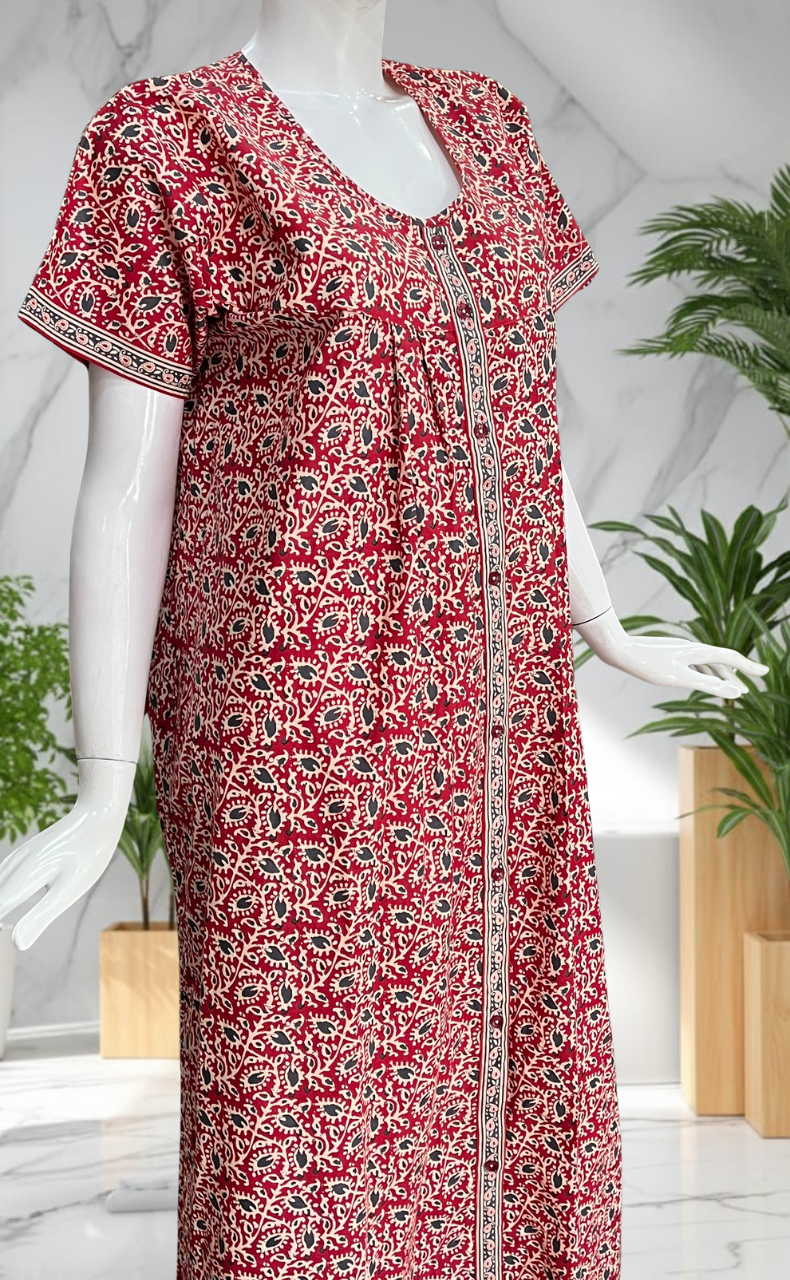 Red Garden Full Open Pure Cotton Nighty. Pure Cotton | Laces and Frills