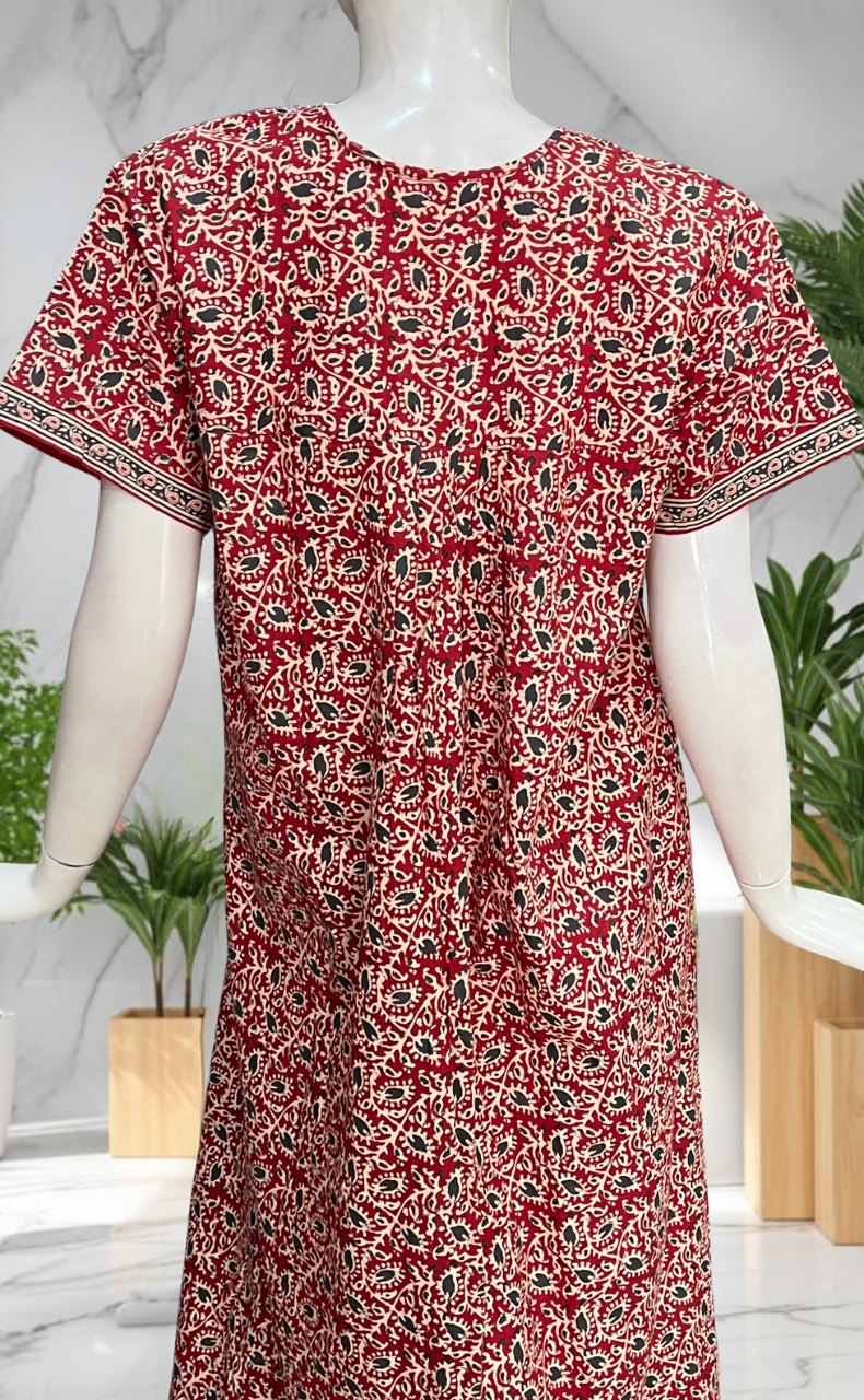 Red Garden Full Open Pure Cotton Nighty. Pure Cotton | Laces and Frills