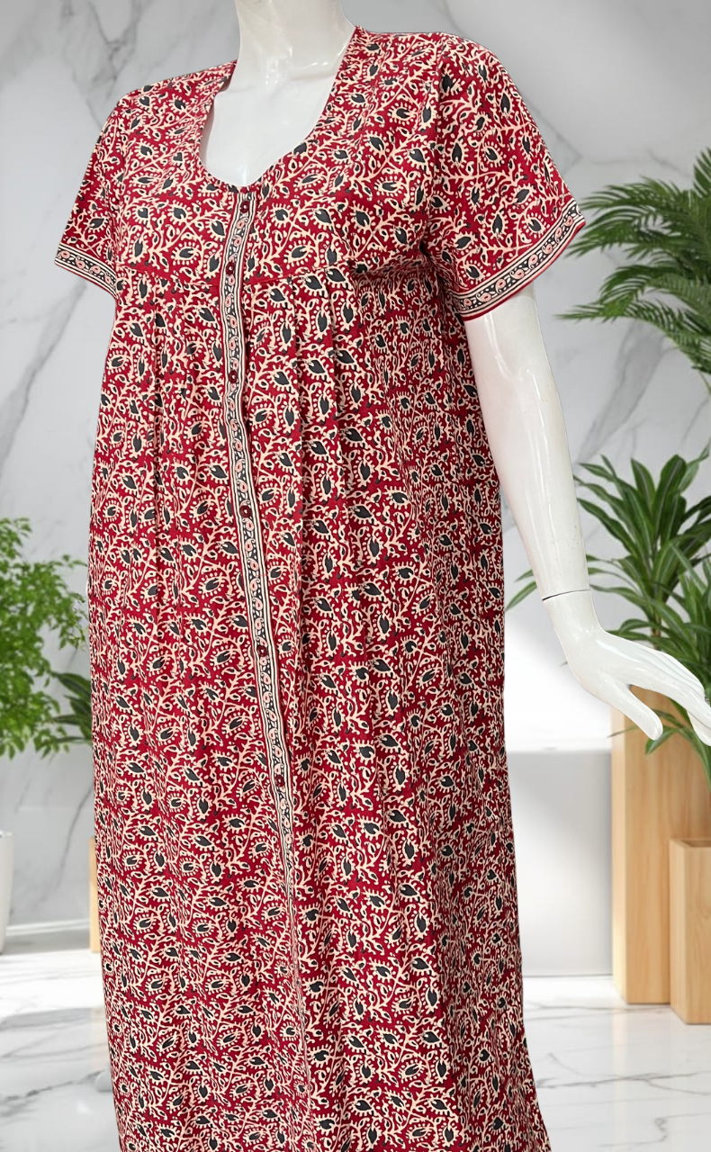 Red Garden Full Open Pure Cotton Nighty. Pure Cotton | Laces and Frills