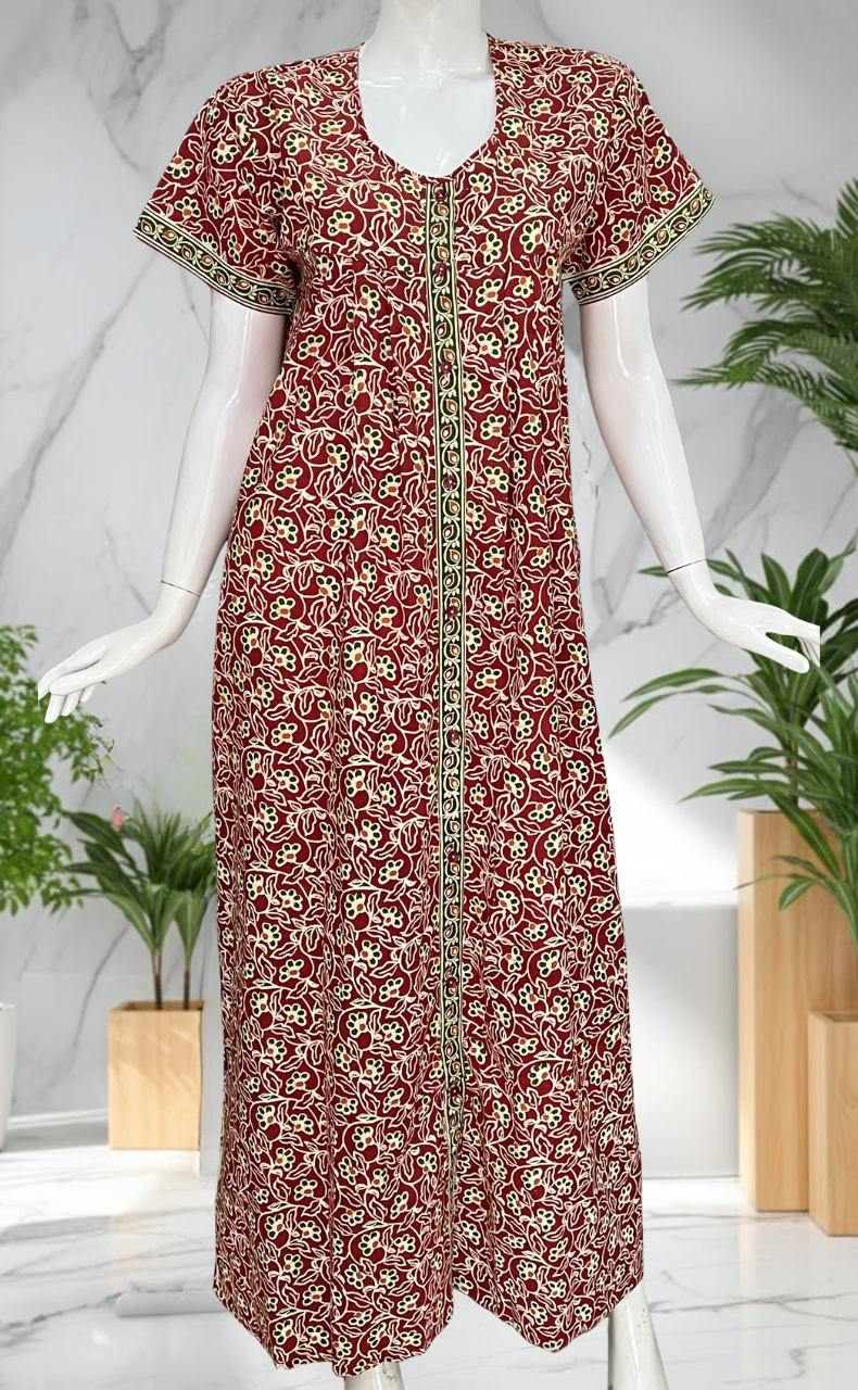 Maroon Garden Full Open Pure Cotton Nighty. Pure Cotton | Laces and Frills