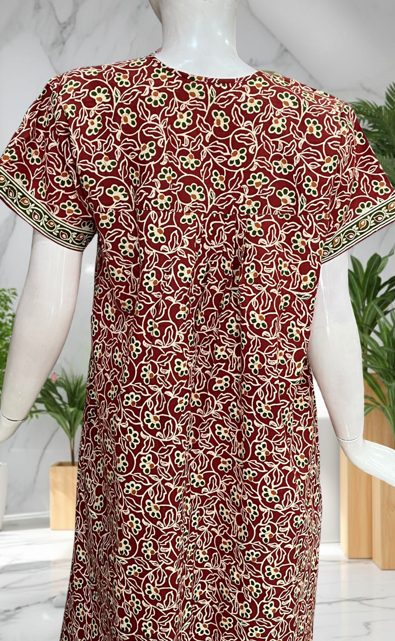 Maroon Garden Full Open Pure Cotton Nighty. Pure Cotton | Laces and Frills
