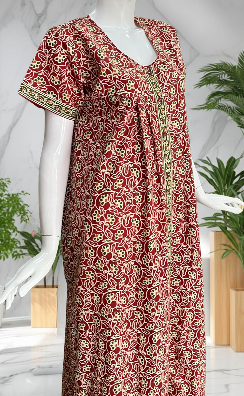 Maroon Garden Full Open Pure Cotton Nighty. Pure Cotton | Laces and Frills