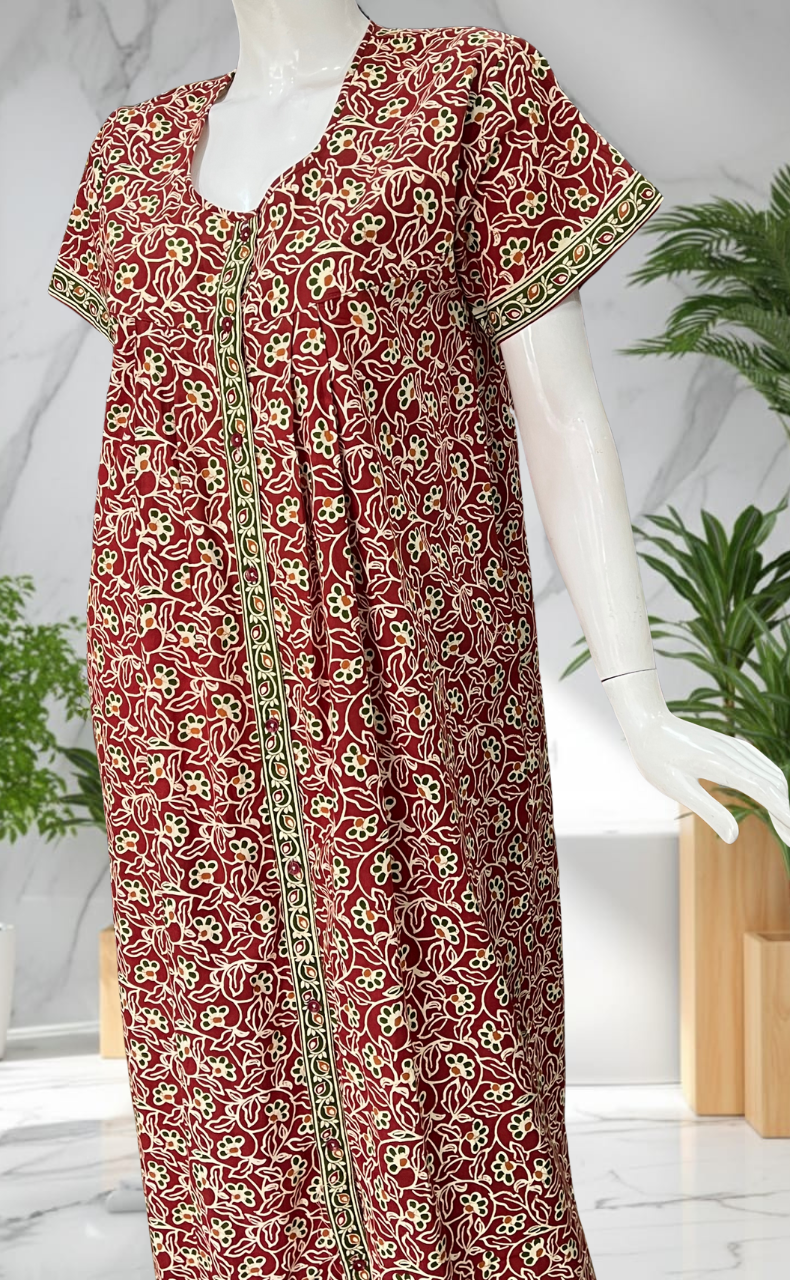 Maroon Garden Full Open Pure Cotton Nighty. Pure Cotton | Laces and Frills