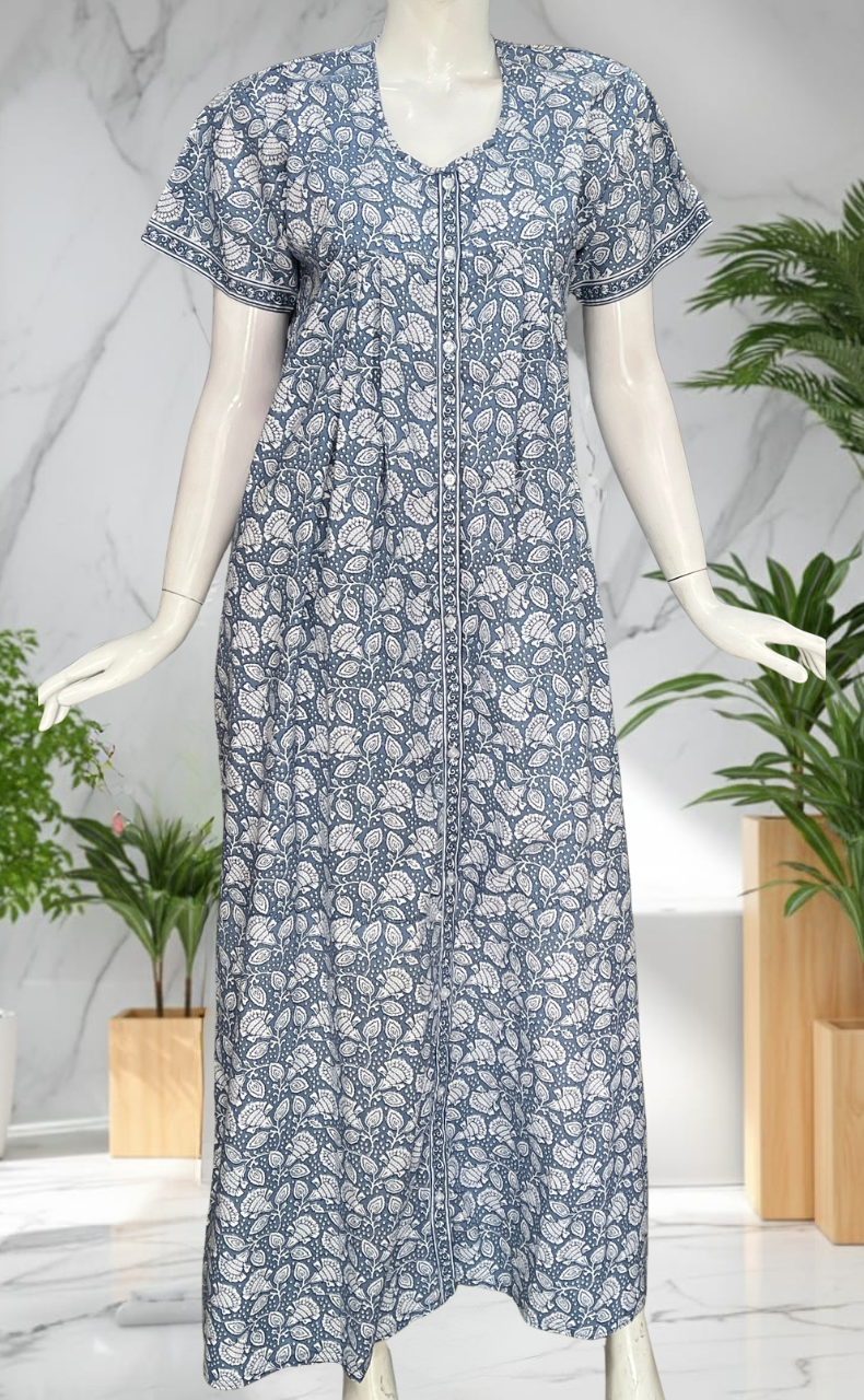 Grey Floral Full Open Pure Cotton Nighty. Pure Cotton | Laces and Frills