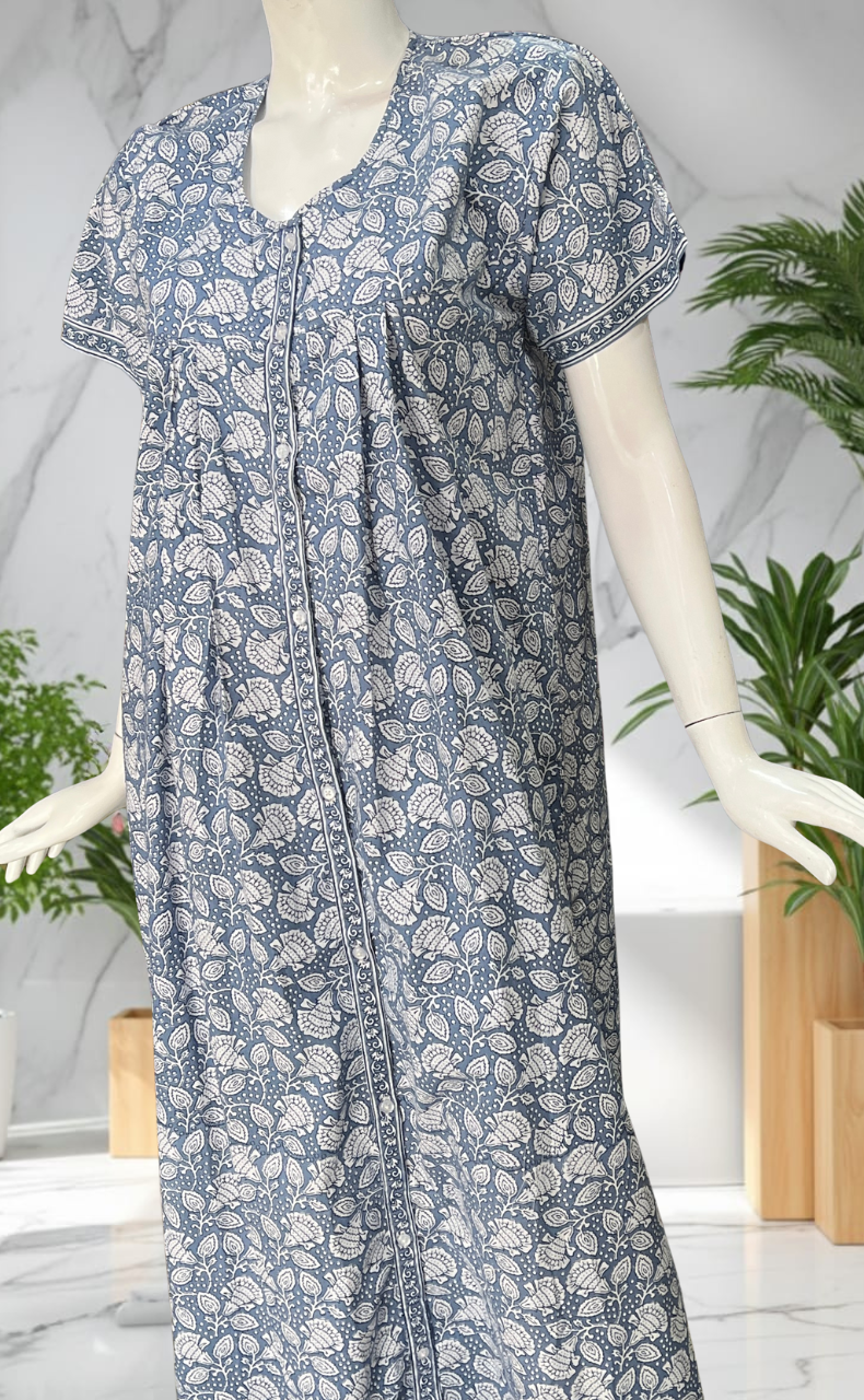Grey Floral Full Open Pure Cotton Nighty. Pure Cotton | Laces and Frills