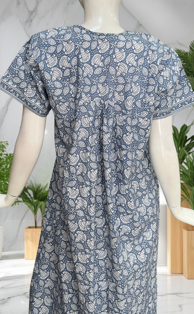 Grey Floral Full Open Pure Cotton Nighty. Pure Cotton | Laces and Frills