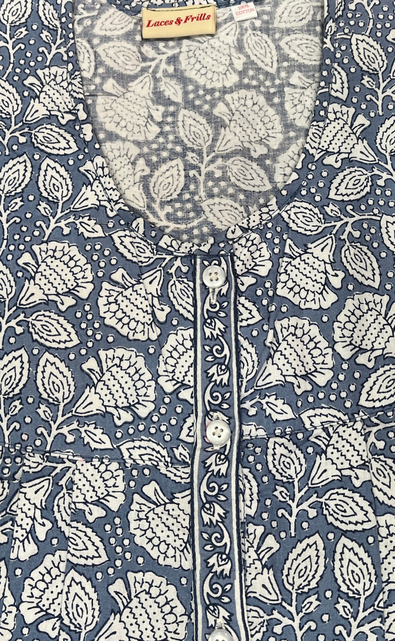 Grey Floral Full Open Pure Cotton Nighty. Pure Cotton | Laces and Frills