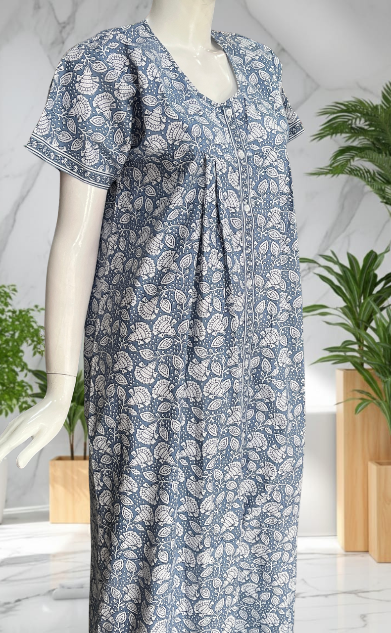 Grey Floral Full Open Pure Cotton Nighty. Pure Cotton | Laces and Frills