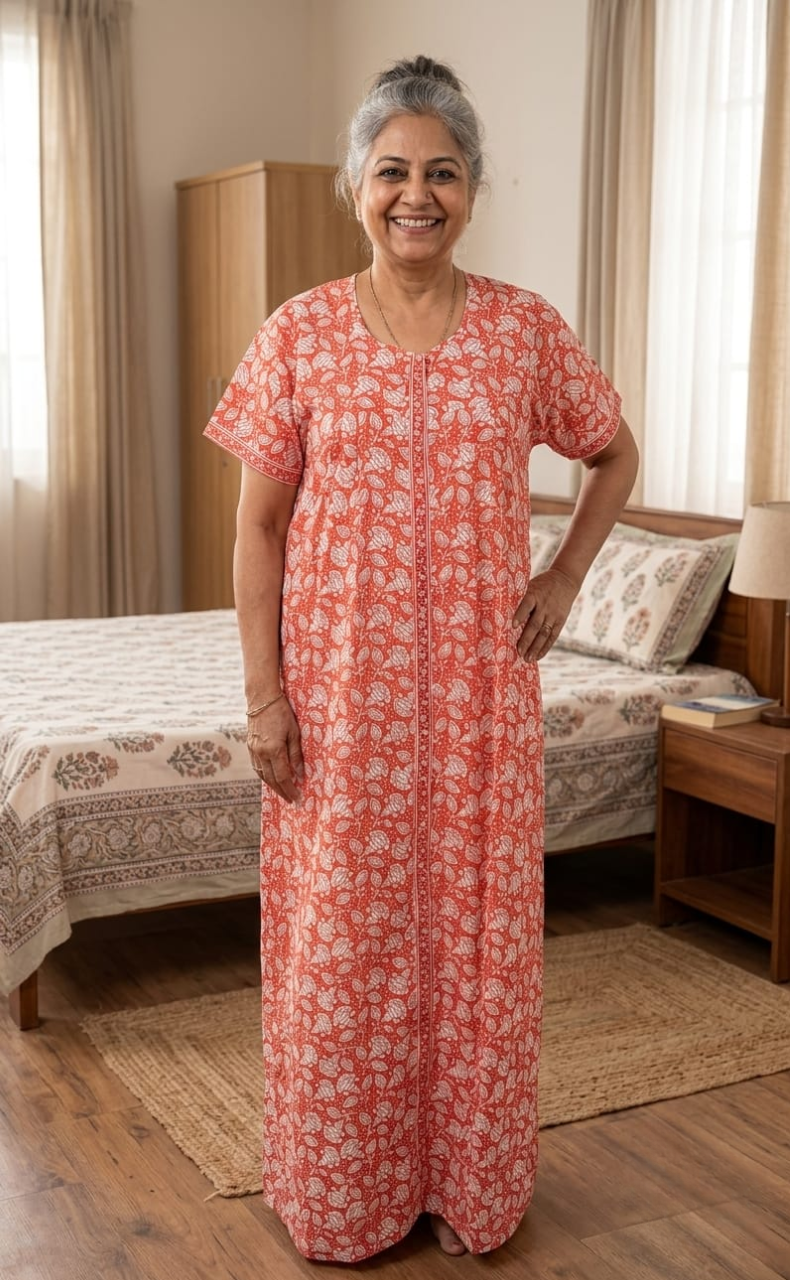 Peach Floral Full Open Pure Cotton Nighty. Pure Cotton | Laces and Frills